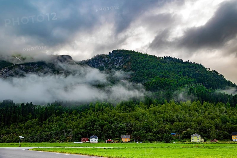 Lush green grass in the hollow. Jostedalsbreen Park. Cold summer in Norway. Valley surrounded by high forested mountains. Heavy clouds covered the sky