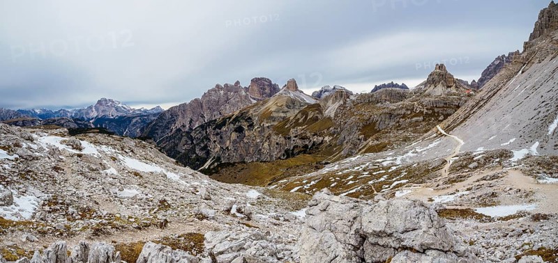 Panoramic view of the famous peaks of the Dolomites, Tre Cime di Lavaredo National Park, Dolomiti Alps, South Tyrol, Italy