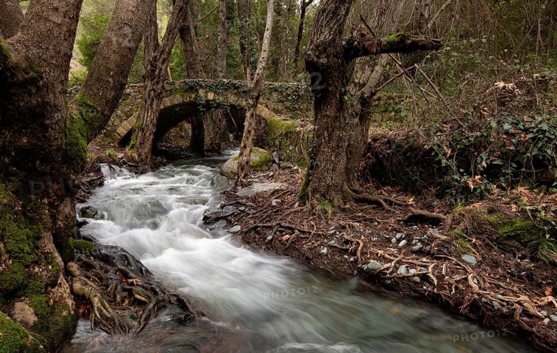 Autumn landscape landscape with river flowing below a stoned bridge