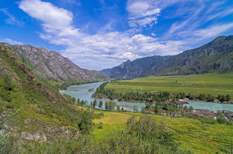 Panorama of the valley of the river Katun, Altai, Russia
