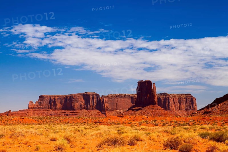 Iconic peaks of rock formations in the Navajo Park of Monument Valley in Utah