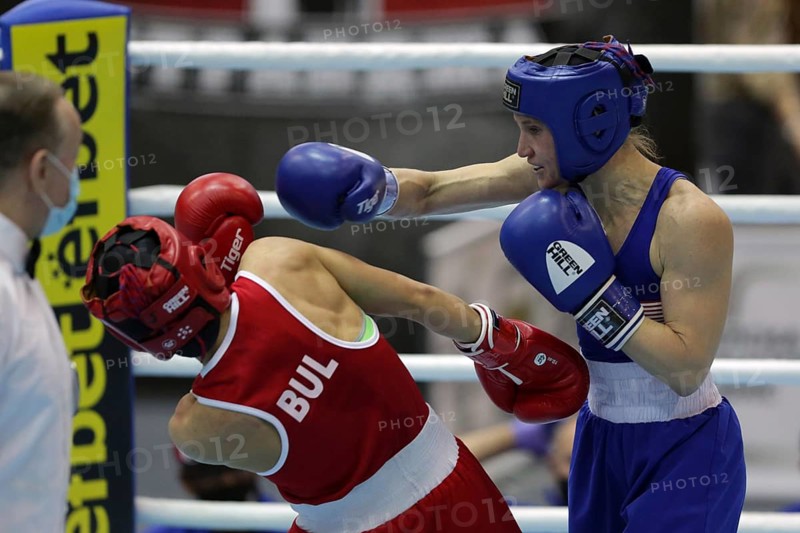 Sofia, Bulgaria - 26 February, 2021: Stoyka Krasteva (RED) of Bulgaria and Virginia Fuchs of USA fight in their semifinal round of Fly (W51kg) category of the 72-nd International Boxing Tournament Strandja 2021, Sofia, Bulgaria