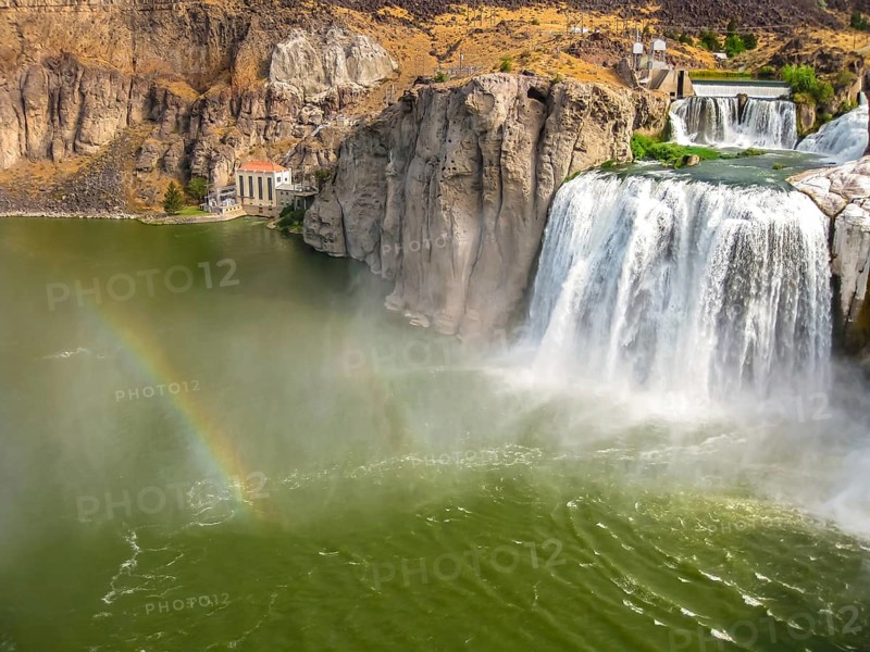 Spectacular aerial view of Shoshone Falls or Niagara of the West with rainbow reflected in the water, Snake River, Idaho, United States