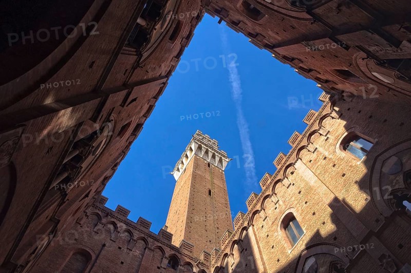 Torre del Mangia Tower photographed from the courtyard of Palazzo Publico, Siena, Tuscany, Italy