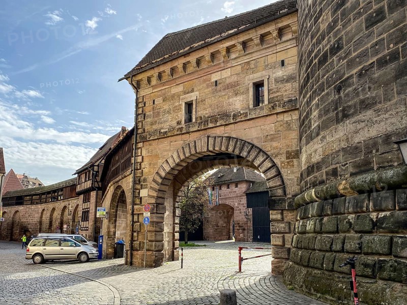 Ionic mediaeval city wall gate Spittlertor in Nuremberg, Germany