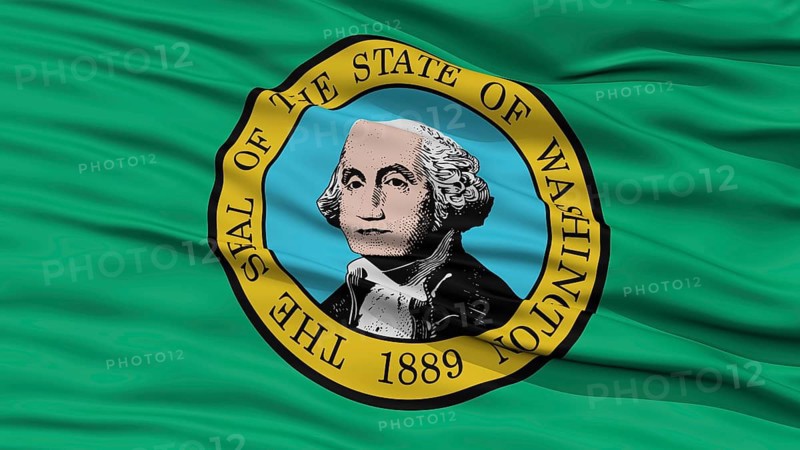 Closeup Washington Flag on Flagpole, USA state, Waving in the Wind, High Resolution