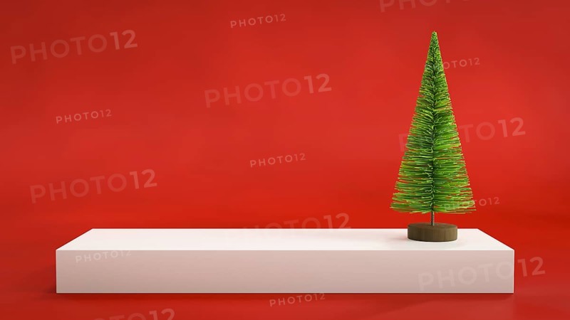 Christmas display background with a toy fir tree, 3D illustration