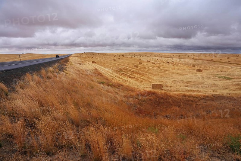 Big highway among autumn fields after harvesting. The cloudy sky and the big stacks of wheat