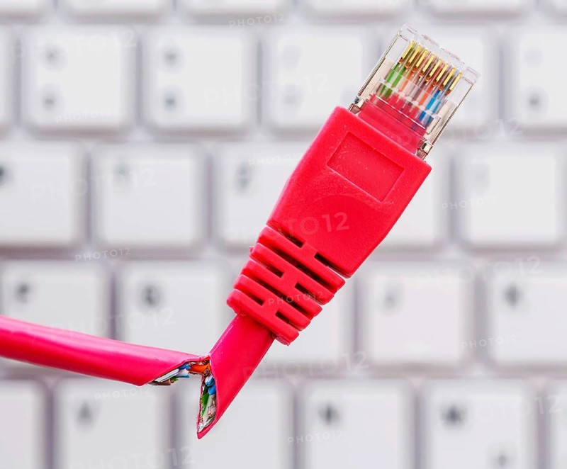 Defective network cable on keyboard, symbolic photo for online, networks, interference and espionage Austria