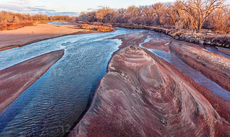 Winter sunset over South Platte River in eastern Colorado