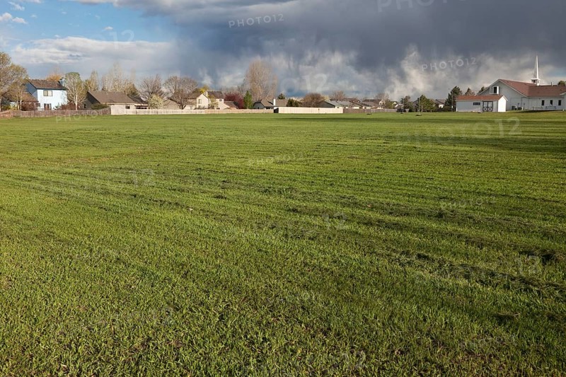 Freshly mowed, large field of grass with residential homes, church and heavy storm clouds in background