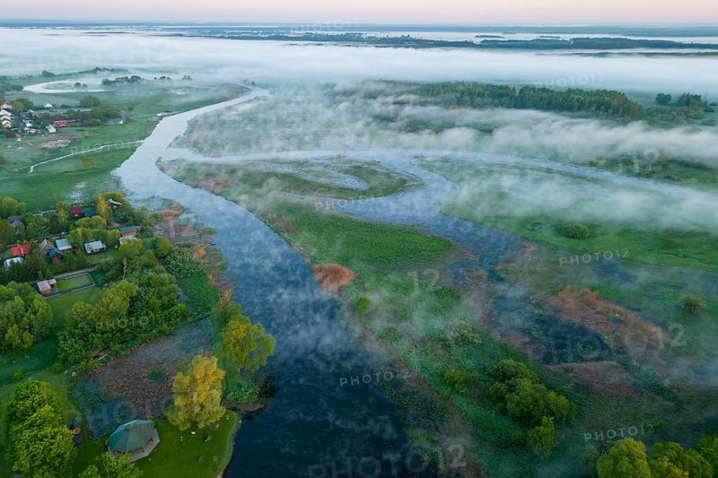 Biebrza National Park, morning mood, fog, shot with drone, wetland, river, Poland