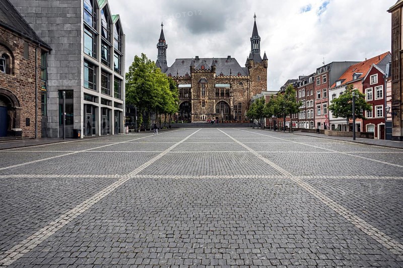 View of the town hall from Katschhof, with the 8th century Granus Tower on the right - Aachen, North Rhine-Westphalia, Germany