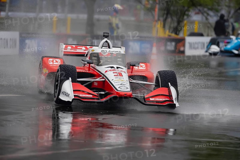 INDYCAR Series driver, SCOTT MCLAUGHLIN (3) of Christchurch, New Zealand, travels through the turns during a wet and dangerous practice session for the Big Machine Music City Grand Prix at Streets of Nashville in Nashville TN