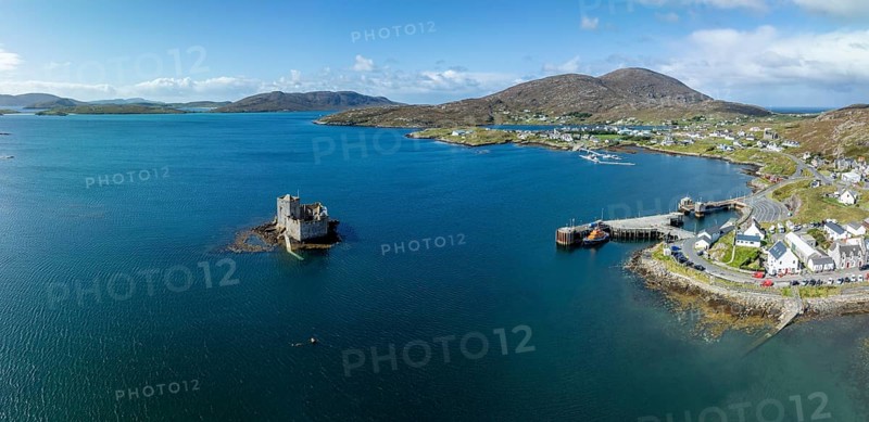 Kisimul Castle, castle ruins in the harbour area, drone shot, Castlebay, Isle of Barra, Hebrides, Scotland, Great Britain