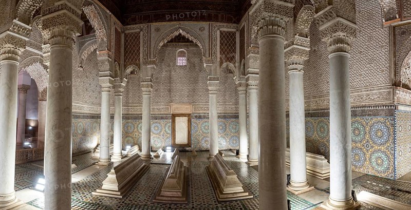 MARRAKECH, MOROCCO, APRIL 19, 2023, Oriental decoration of the famous Saadian tombs in the center of Marrakech, Morocco