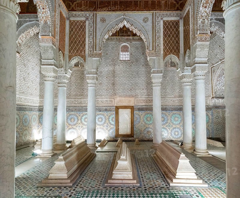 Marrakesh, Morocco, 23 March, 2024: interior view of the Chamber of the Twelve Columns in the Saadian Tombs in Marrakesh