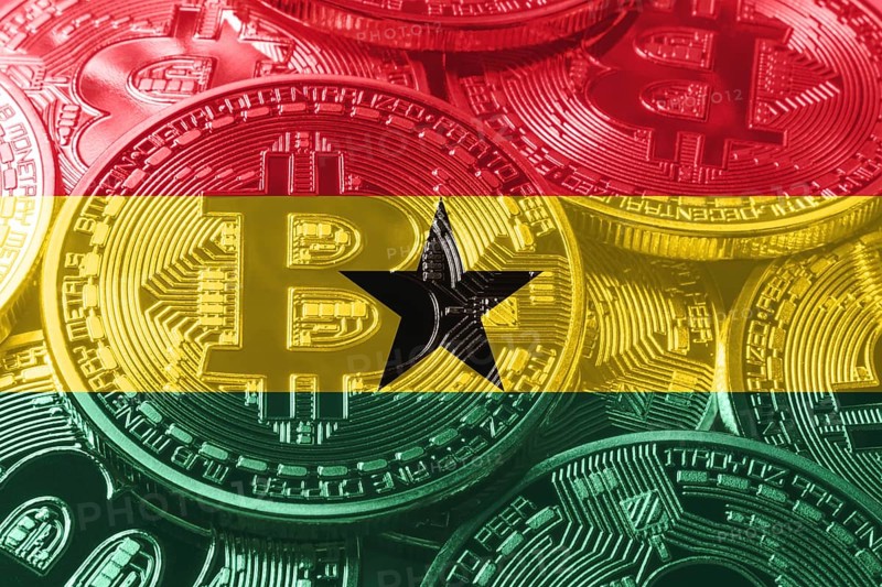 Ghana bitcoin flag, national flag cryptocurrency concept black background