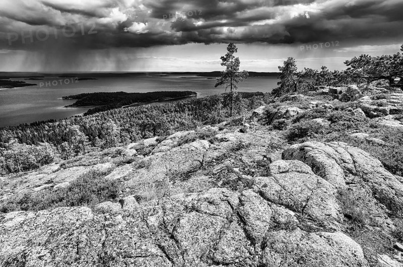 Rain showers over the Gulf of Bothnia, Skuleskogen National Park, Hoega Kusten World Heritage Site, Västernorrland, Sweden, July 2012