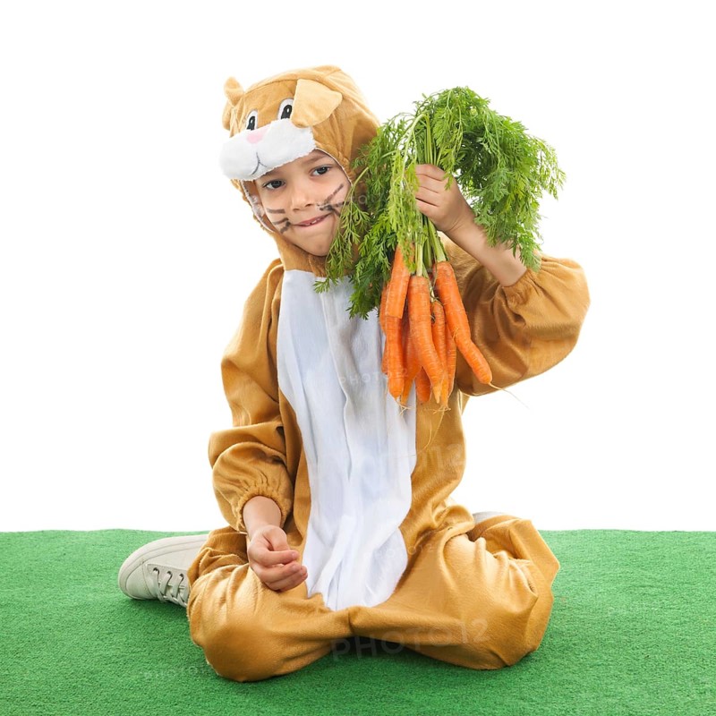 Child dressed as easter hare with bunch carrots isolated over white background