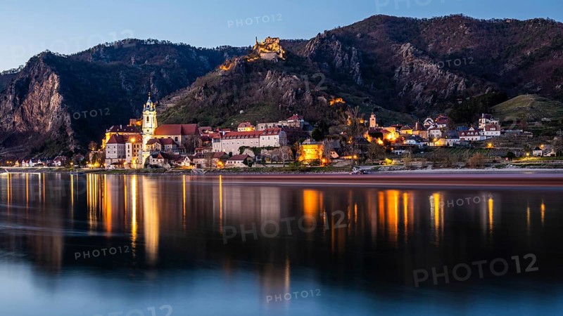 View over the Danube to Dürnstein, blue hour, long exposure, Wachau, Lower Austria, Austria