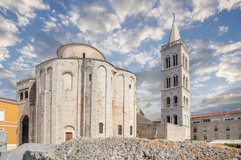 Roman Catholic Church of St. Donatus from Byzantine times in the historic centre of an old town on the Mediterranean. Old round church made of white stone, St Donatus of Zadar, Dalmatia, Croatia