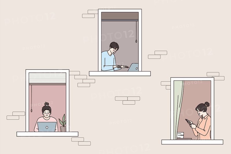 Diverse people freelancers in building windows work online on computer at smartphone from home. Men and women freelance busy with gadgets. Distant remote job or education. Vector illustration