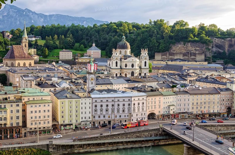 Staatsbrücke, Rudolfskai, Griesgasse, Collegiate Church (Kollegienkirche) and St Peter's Abbey (Stift Sankt Peter) photographed from the Capuchin Monastery (Kapuzinerkloster), Salzburg, Austria