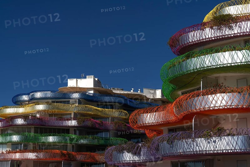 Ibiza, Spain, 1 February, 2024: view of the landmark modern architecture Miramar residence and apartments in downtown Eivissa