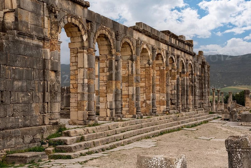 Iconic ruins of the forum in Volubilis, an old ancient Roman city in Morocco, North Africa