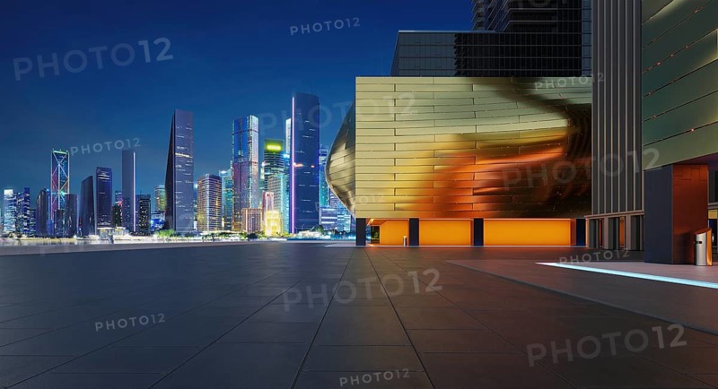 Perspective view of empty floor with modern building and beautiful nigh city background. 3d rendering