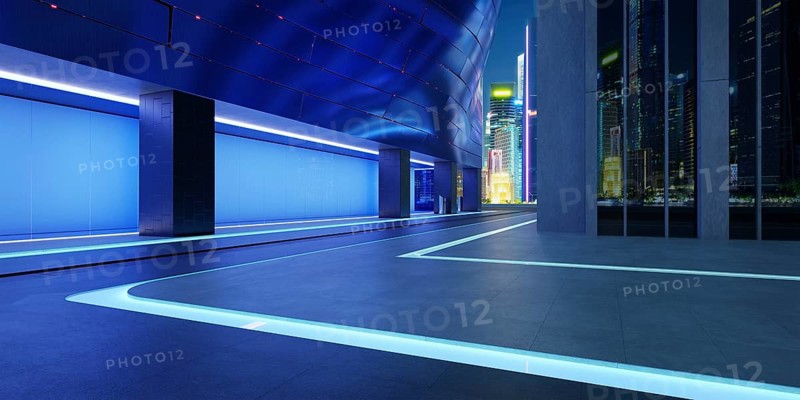 Empty floor with modern buildings with blue glass window. 3d rendering