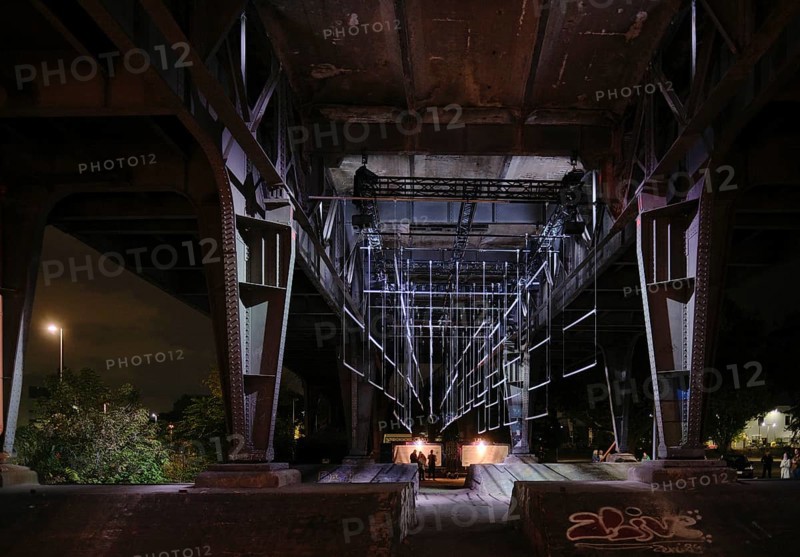 Germany, Berlin, 8 October 2024, Festival of Lights, Siemensbahn, Wernerwerk S-Bahn station, light and sound installation in shades of blue, KLING KLANG KLONG creative studio
