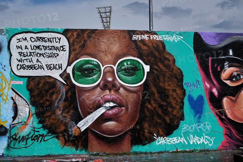 Germany, Berlin, 04.08.2024, Sunday afternoon in Mauerpark, Graffiti wall, work by Eme Freethinker, Caribbean Vandals, Im Currently in a long distance relationship with a Caribbean beach
