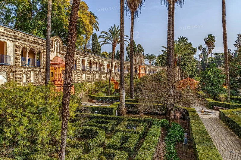 Garden and Gallery of Grutescos in Alcazar of Seville, Spain