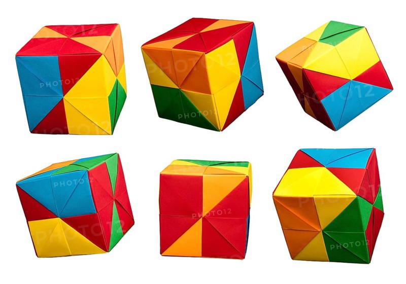 Paper made multi colored patterned cubes folded origami style