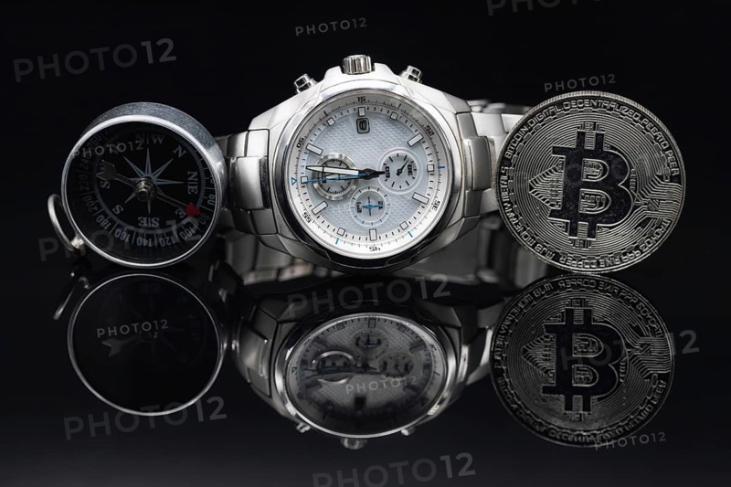 Solid men's wristwatch with a chronometer in a titanium case and a gift coin Bitcoin