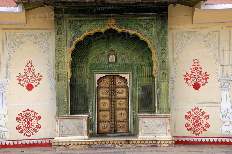 City Palace Jaipur, Rajasthan, North India, India, Asia, Magnificent green portal with elaborately decorated door and decorations