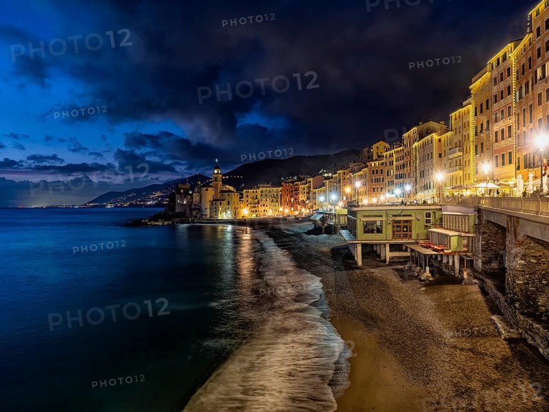 View of the seaside of Camogli with christmas lights