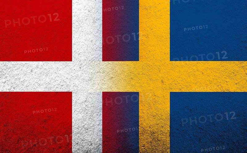 The Kingdom of Denmark National flag with The Kingdom of Sweden national flag. Grunge Background