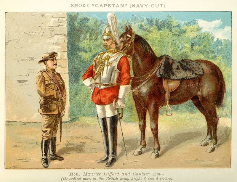 Europa, Großbritannien, London, Thronjubiläum Königin Victoria, Originaltext : Hon. Maurice Gifford and Captain Ames, the tallest man in the British army, height 6 feet 5 inches, Motiv aus : Souvenir of Her Majesty´s Diamond Jubilee Procession, June 22 nd. 1897, With the Compliments of W.D. & H. O. Wills Ltd ., britischer Tabak-Importeur und Zigarettenhersteller, keine weiteren Informationen über das Motiv und den Künstler vorhanden . / Europe, Great Britain, London, Diamond Jubilee Queen Victoria, original text : Hon. Maurice Gifford and Captain Ames, the tallest man in the British army, image from : Souvenir of Her Majesty´s Diamond Jubilee Procession, June 22 nd 1897, With the Compliments of W. D. and H. Wills Ltd., British Tabacco importer and manufacturer, no more informations about image and artist