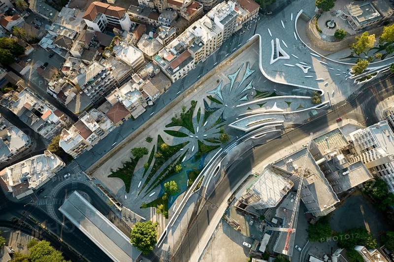 Aerial view of Nicosia cityscape the capital city of Cyprus and Eleftheria square with modern futuristic architecture