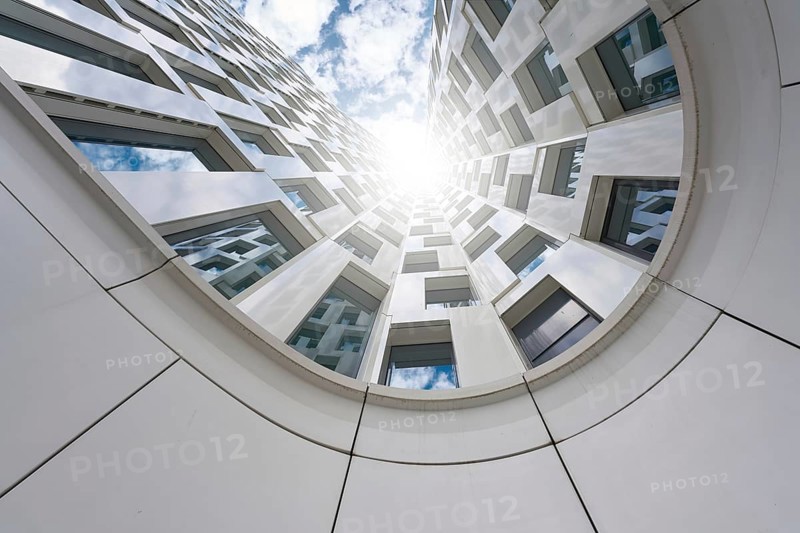 View upwards, along the façade of a high-rise building in Berlin