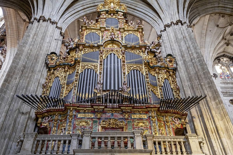 Gospel organ, built by Pedro de Echevarria in 1744, Cathedral of the Assumption of the Virgin, Salamanca, autonomous community of Castilla y León, Spain