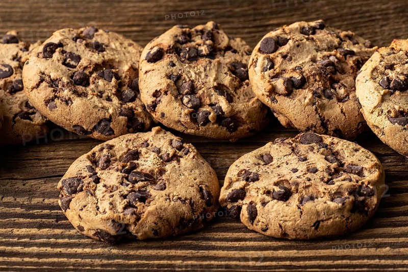 Chocolate chip cookies on wooden table