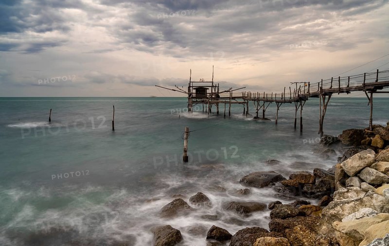 Long exposure view of the Trabocco Turchino fishing machine and hut on the Abruzzo coast in Italy
