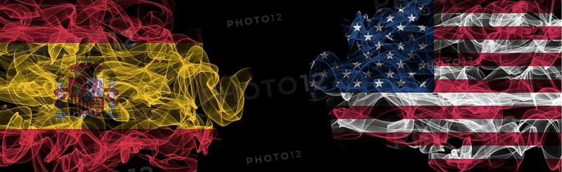 Flags of Spain and USA on Black background, Spain vs USA Smoke Flags