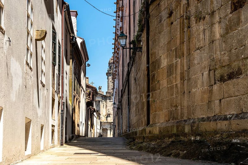 Old street with no people in medieval town of Santiago de Compostela