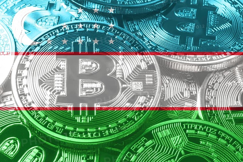 Uzbekistan bitcoin flag, national flag cryptocurrency concept black background