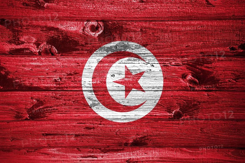 Tunisia flag on wooden planks background wood flag